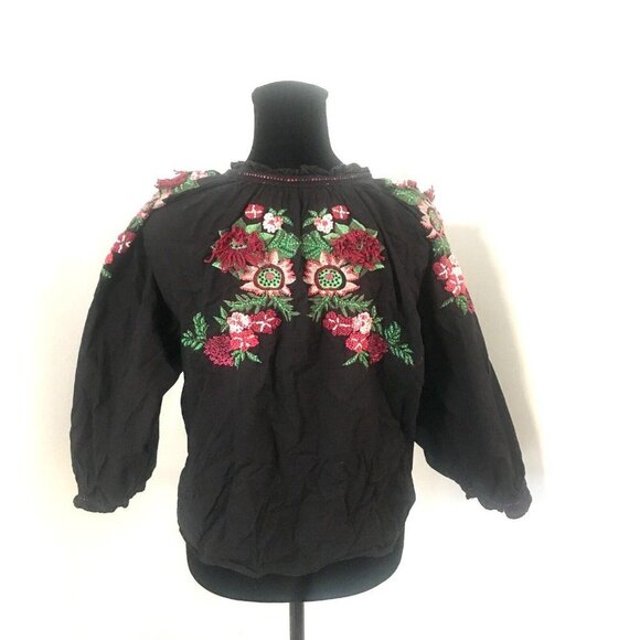 ZARA Boho Black Green Red Embroidered Voluminous 3/4 Sleeve Peasant Blouse XS - Picture 4 of 9